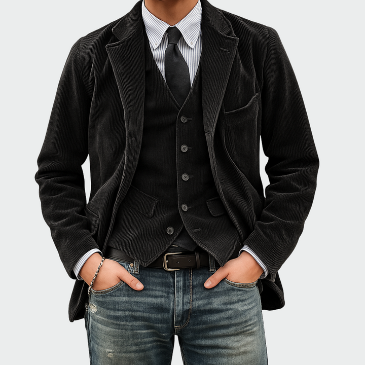 Men's sophisticated tailored fit blazer and vest set, ideal for professional business attire.