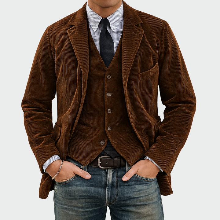 Stylish men's blazer & vest set. Formal fashion for elegant events & smart casual occasions.