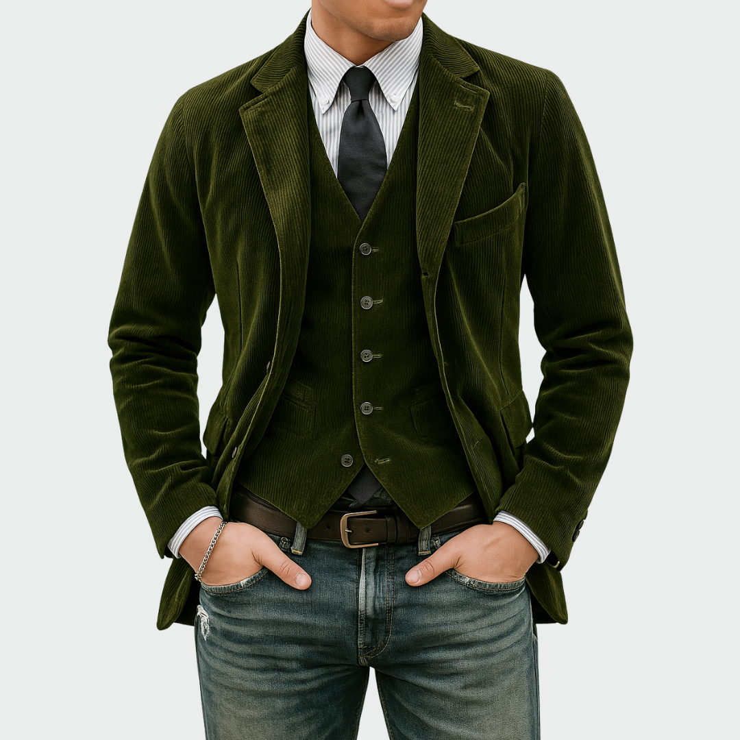 Premium men's elegant blazer and vest set, tailored for formal occasions and wedding suits.