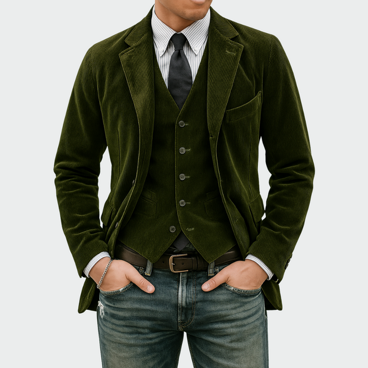 Premium men's elegant blazer and vest set, tailored for formal occasions and wedding suits.