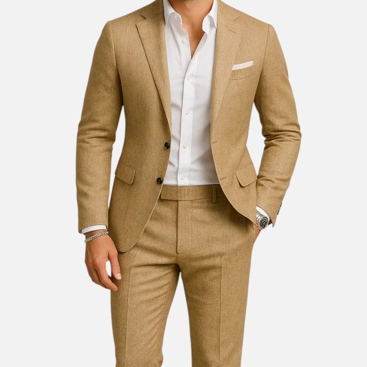 Men's elegant two-piece casual suit for effortless warm-weather style. Perfect for summer weddings & parties.