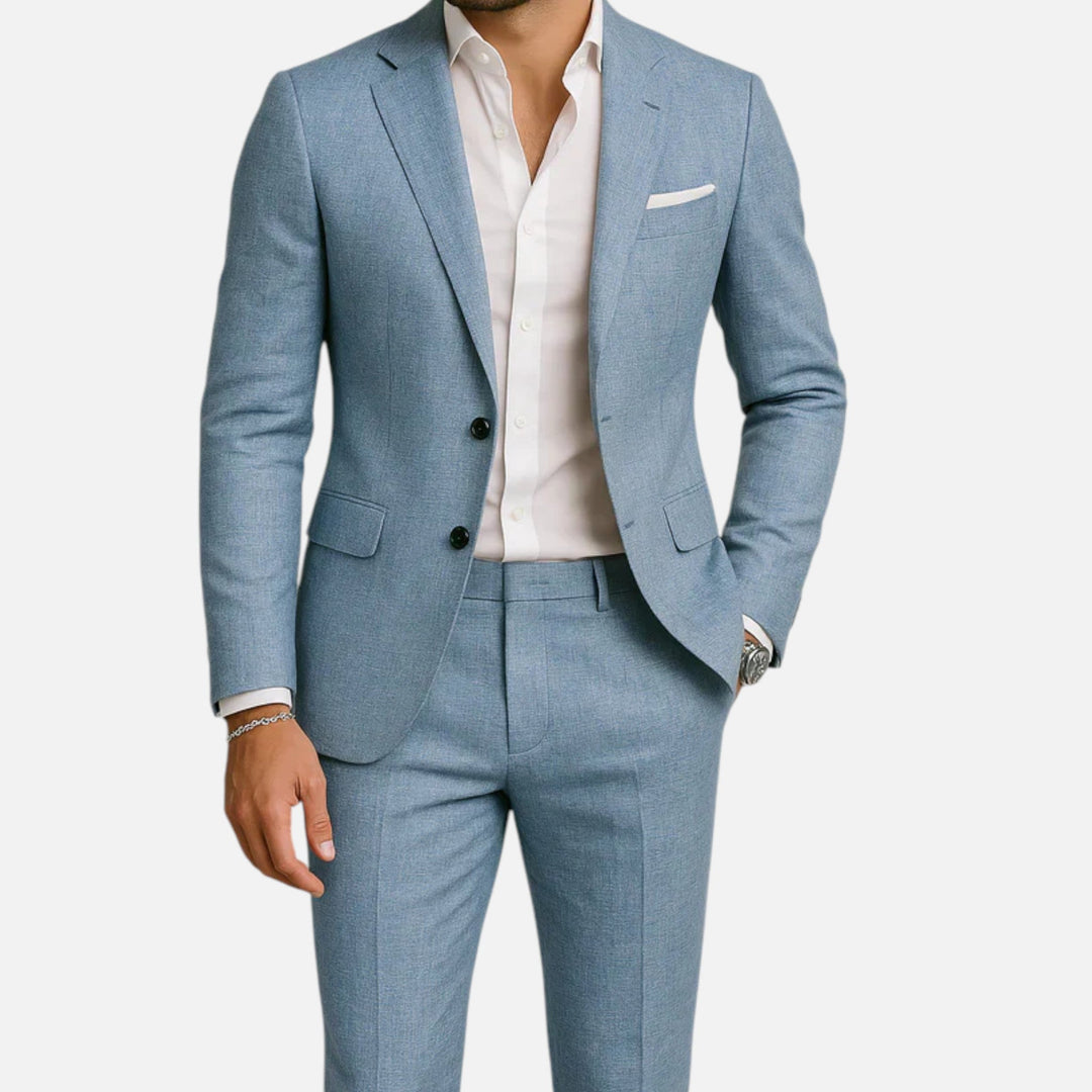 Stylish men's two-piece casual suit, offering elegant comfort for summer parties, weddings, and smart casual occasions.