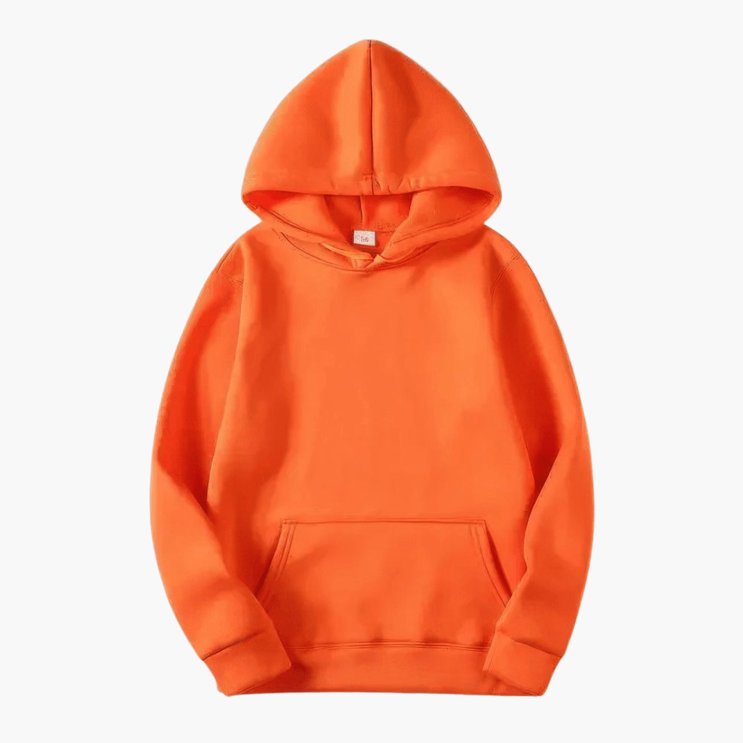 Front view of a men's relaxed fit hooded sweatshirt with a practical kangaroo pocket.