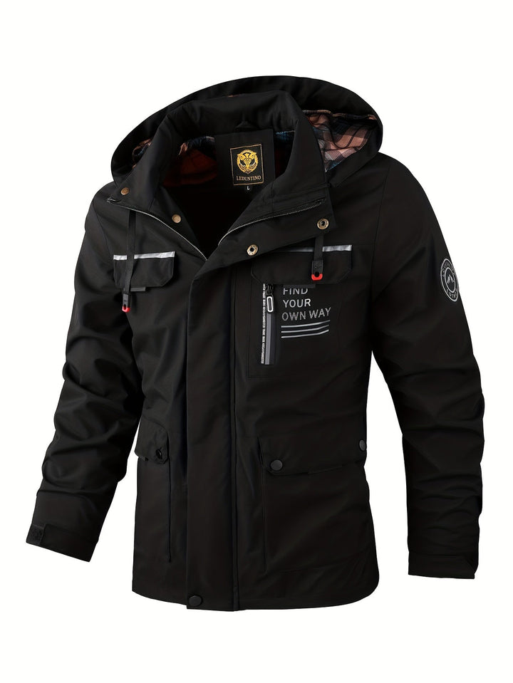 Men's evergreen weatherproof outdoor jacket, ideal for winter adventures & activewear. Waterproof & windproof.