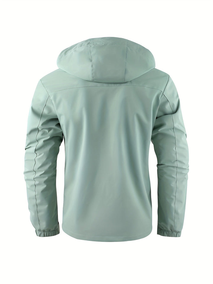 Green men's hooded winter jacket, weatherproof & windproof for outdoor adventure. Durable activewear coat.