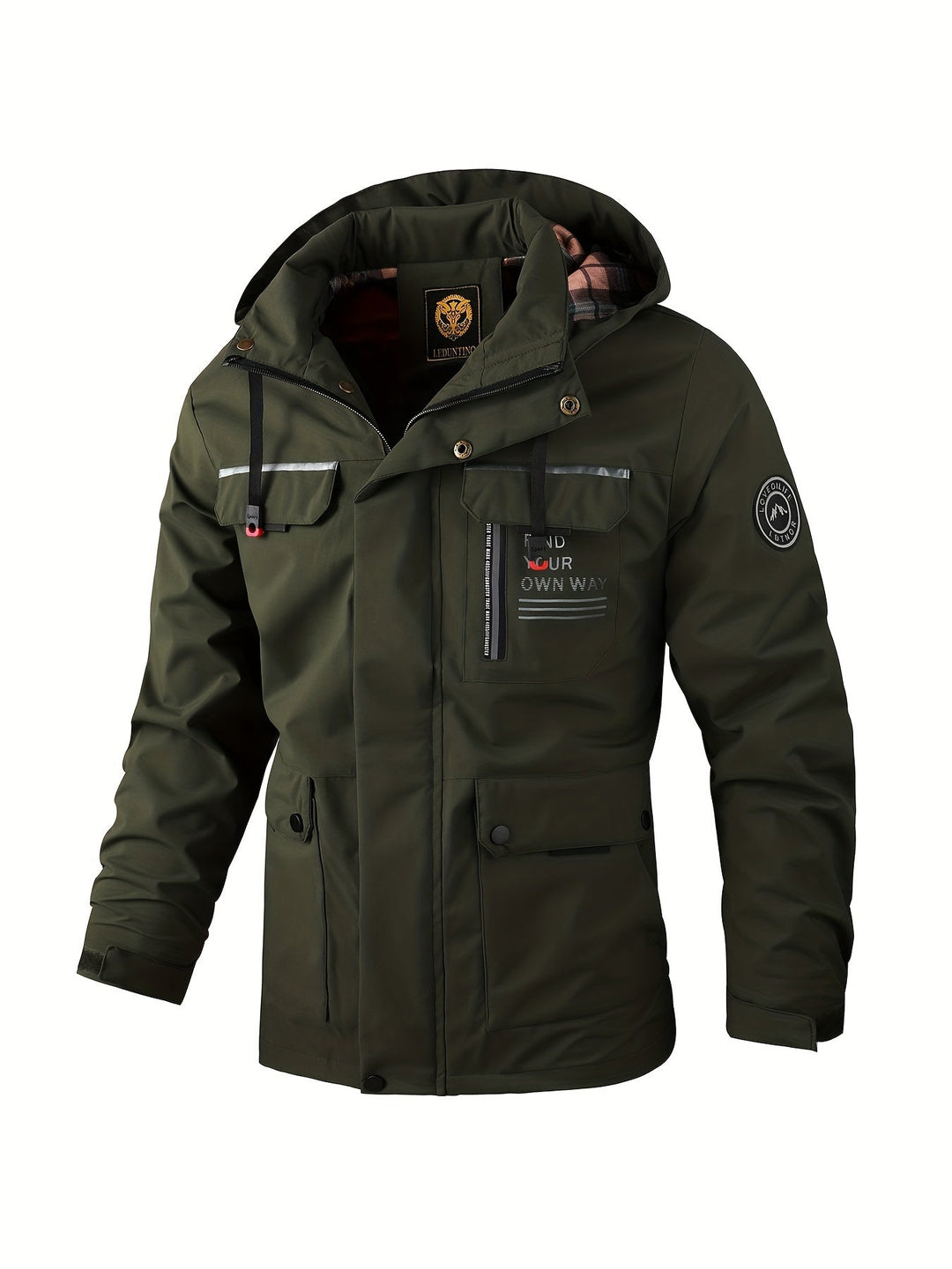 Men's rugged evergreen outdoor coat, waterproof & windproof, perfect for winter sports & adventure wear.