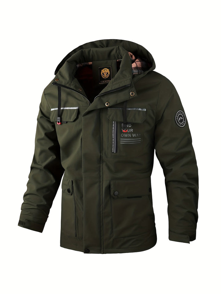 Men's rugged evergreen outdoor coat, waterproof & windproof, perfect for winter sports & adventure wear.