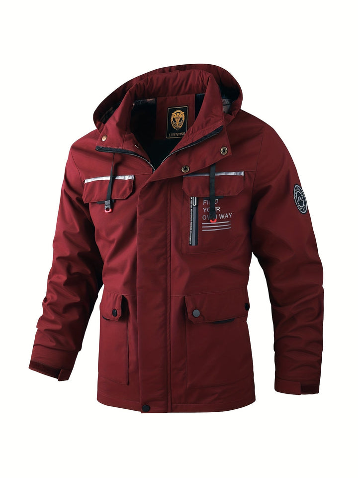 Active men's evergreen outdoor jacket, waterproof & windproof for hiking. Essential winter weatherproof coat.