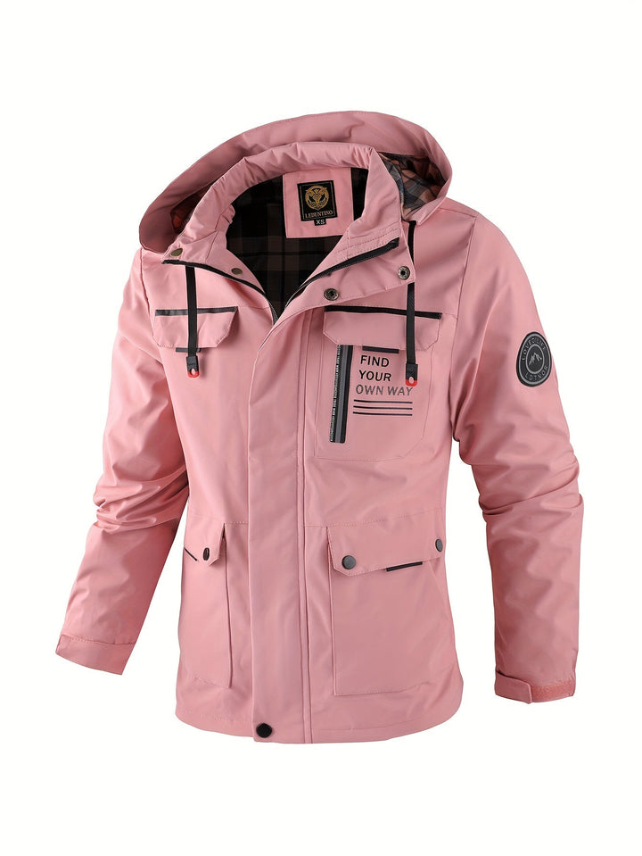 Evergreen hooded men's weatherproof jacket. Waterproof, windproof outer layer for harsh winter outdoor conditions.