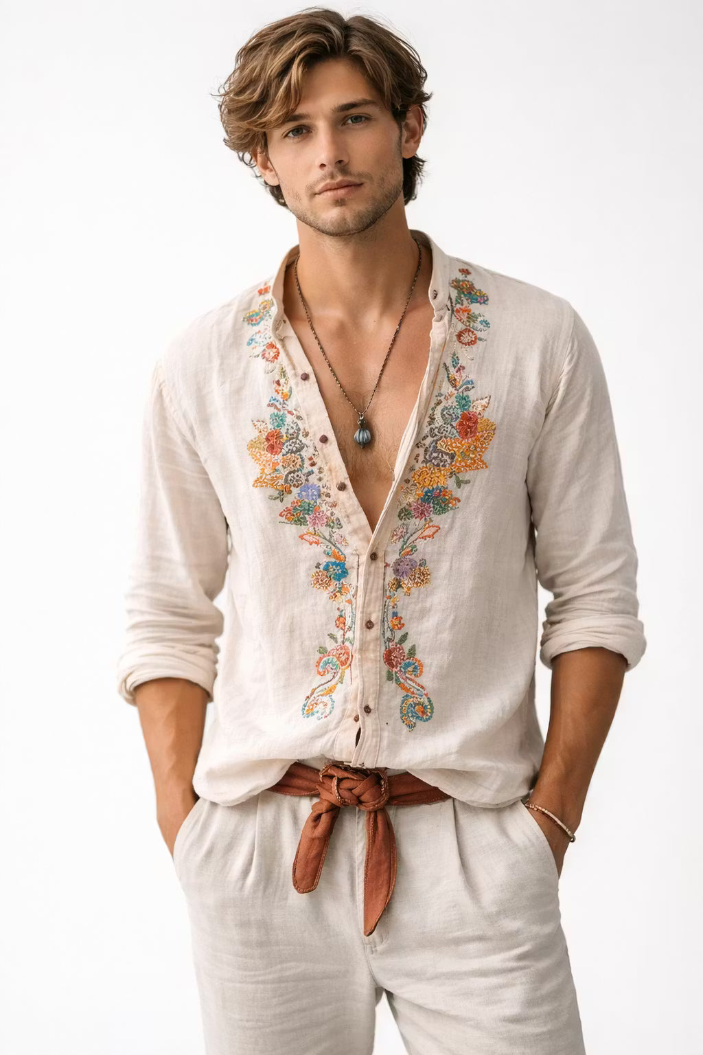 Men's floral embroidered V-neck shirt, relaxed fit, long sleeve, perfect for casual wear.