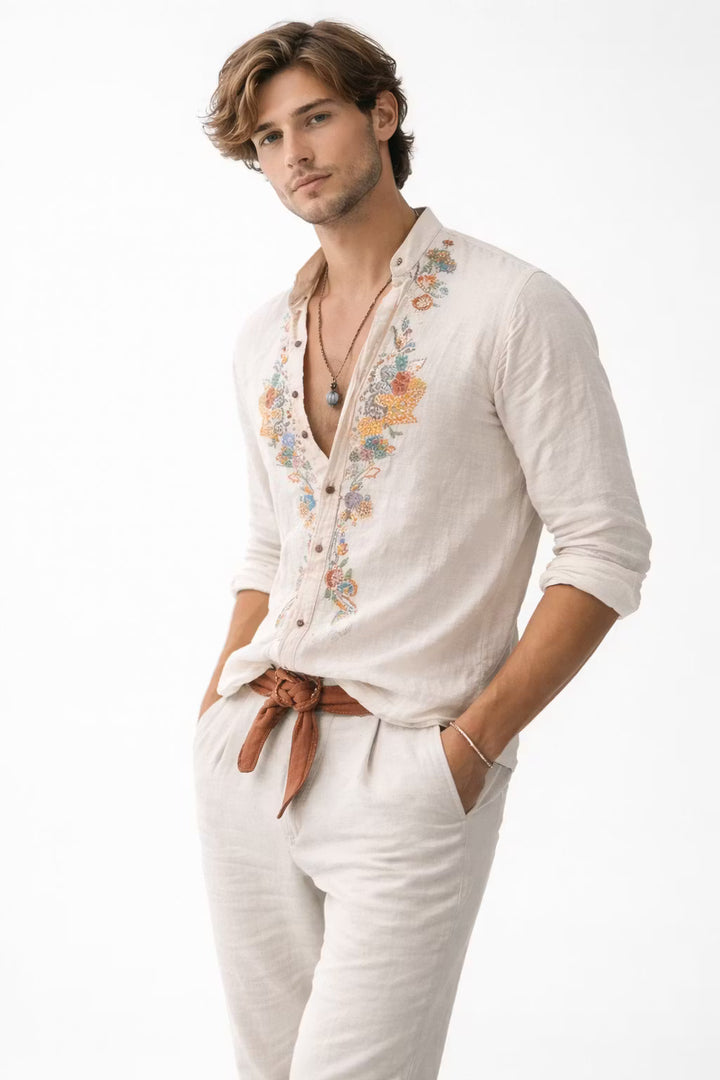 Casual men's V-neck shirt with unique floral embroidery, relaxed fit, ideal for spring & summer style.