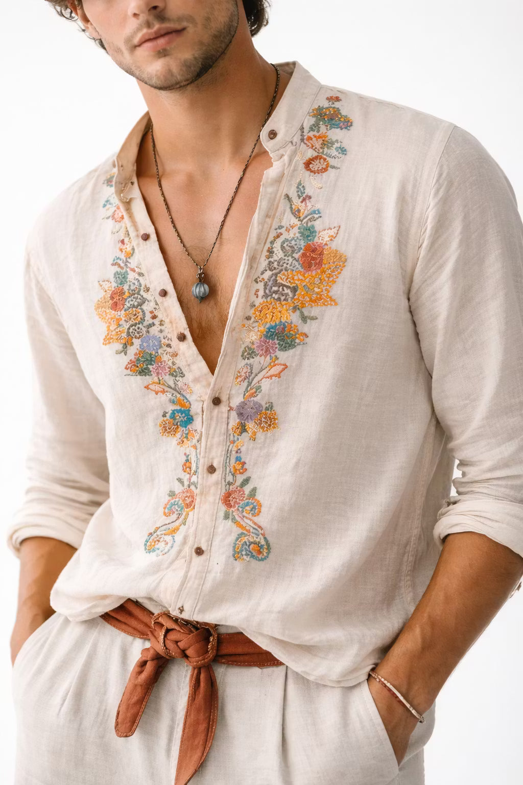 Comfortable relaxed fit men's V-neck shirt with elegant floral embroidery & long sleeves for everyday.