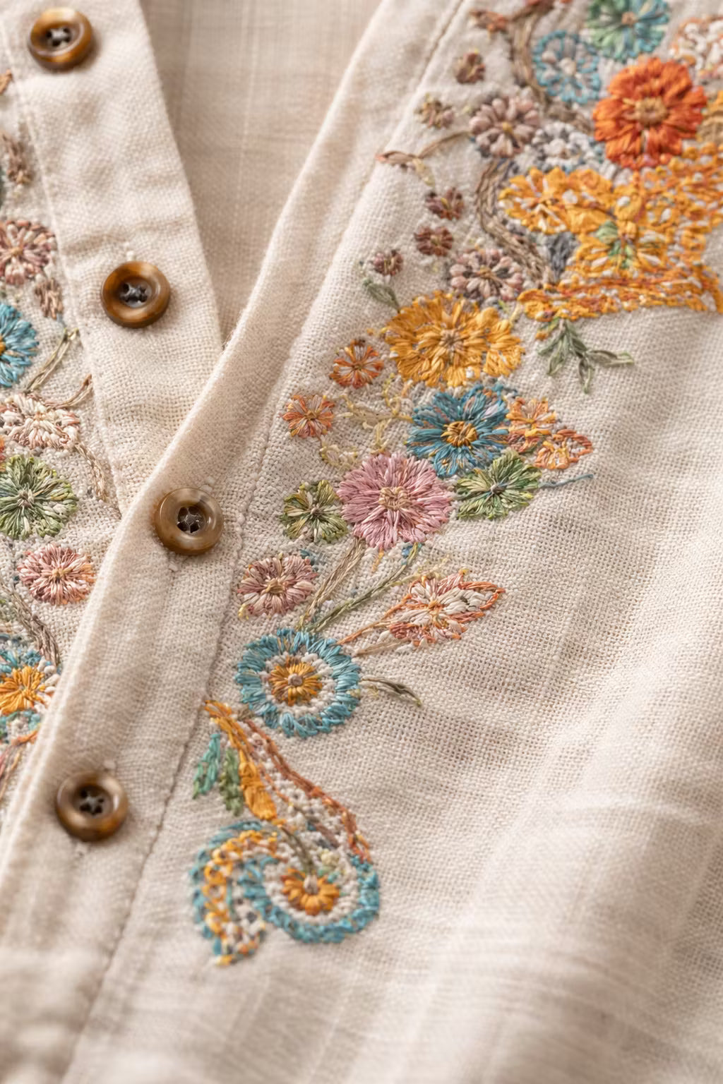 Versatile men's long-sleeve V-neck shirt with unique floral embroidery, relaxed fit for everyday comfort.
