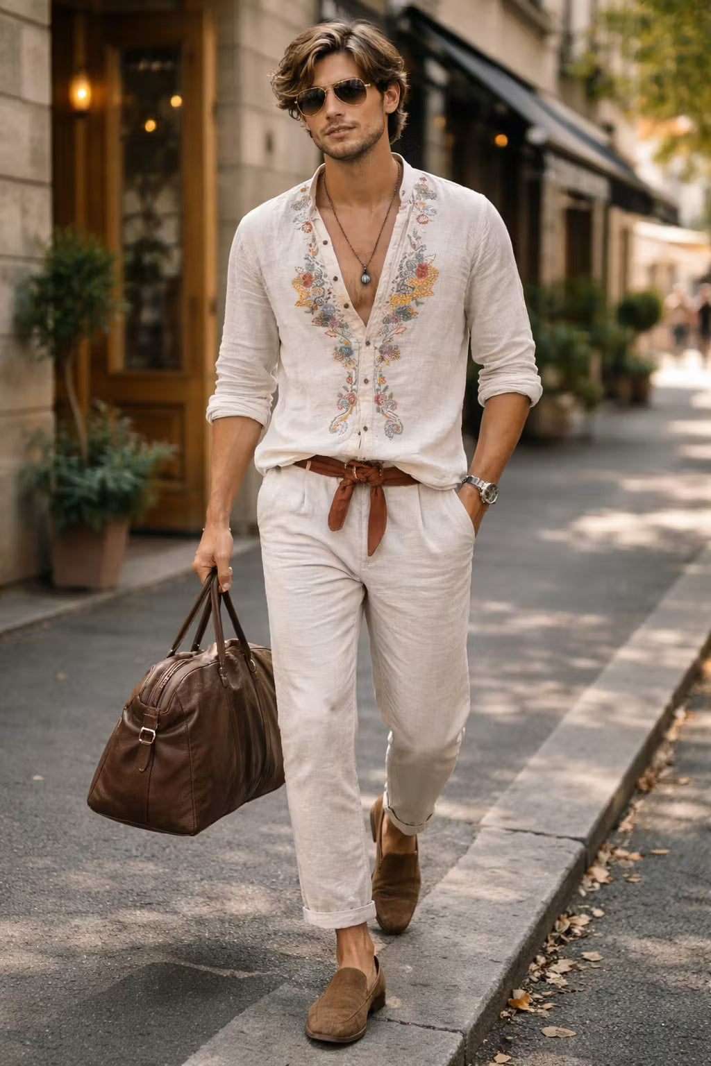 Detailed view of men's V-neck shirt showcasing delicate floral embroidery and relaxed long sleeve design.