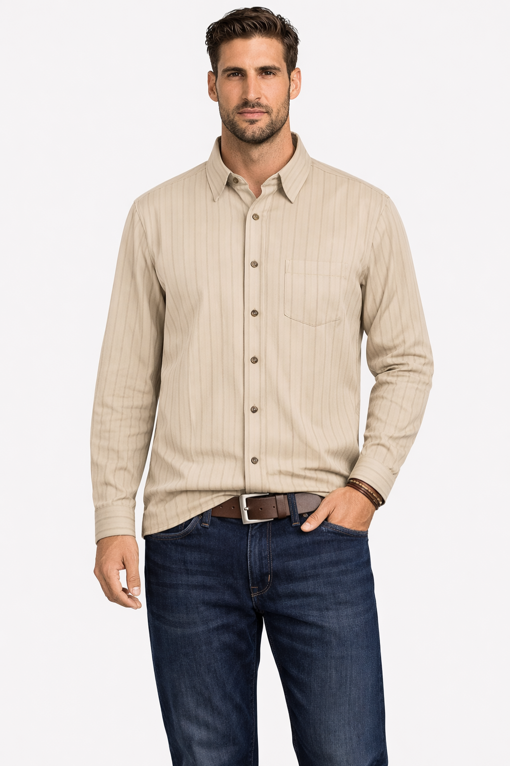 Men's formal striped long sleeve button down shirt for professional office wear.