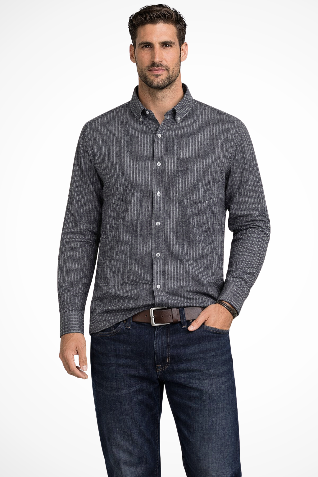 Men's tailored striped shirt with long sleeves for a polished professional and smart casual look.