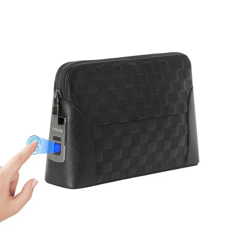 Men's genuine leather anti-theft clutch with advanced fingerprint lock for secure daily essentials and travel.