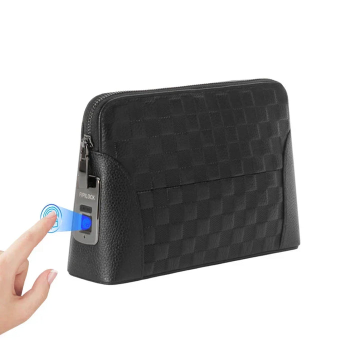 Men's genuine leather anti-theft clutch with advanced fingerprint lock for secure daily essentials and travel.