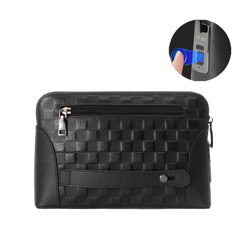 Secure men's leather travel clutch featuring a biometric fingerprint lock for anti-theft protection of valuables.