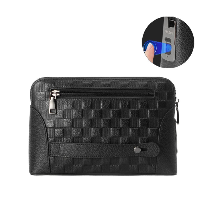 Secure men's leather travel clutch featuring a biometric fingerprint lock for anti-theft protection of valuables.