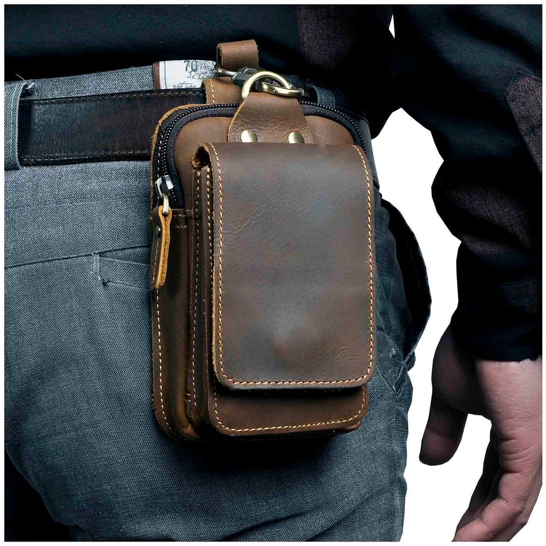 Men's genuine leather waist pack in dark brown, perfect for daily essentials & versatile belt bag.