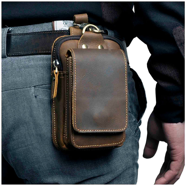 Men's genuine leather waist pack in dark brown, perfect for daily essentials & versatile belt bag.