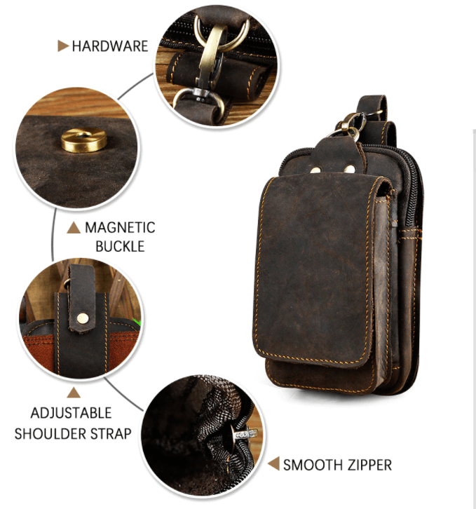 Gift for him: genuine leather dark brown waist pack, versatile men's belt bag for daily essentials.