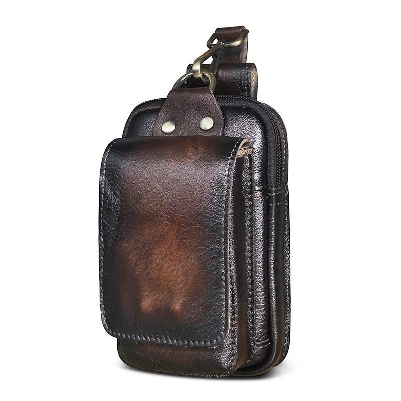 Active man with a genuine leather waist pack, dark brown belt bag for convenient daily essentials carry.