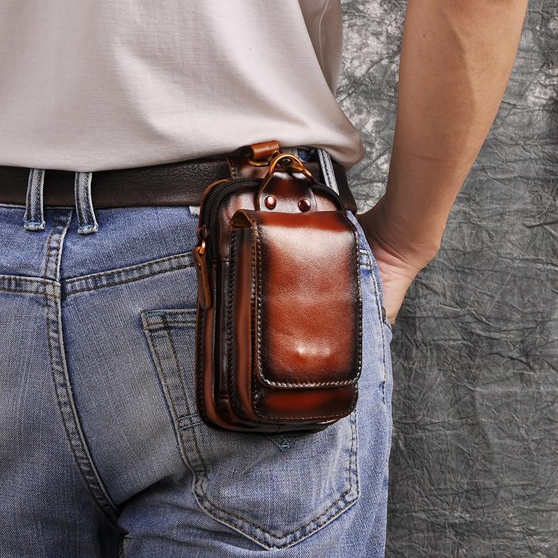 Dark brown genuine leather men's waist pack with multiple compartments for daily essentials.