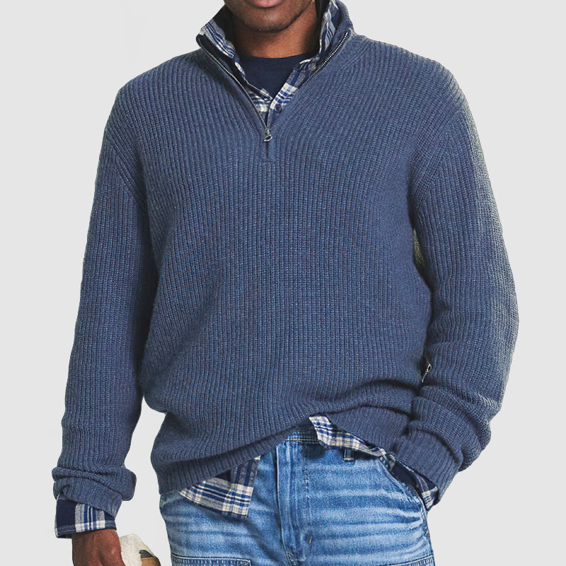 Men's half-zip cashmere blend jumper in navy, perfect for everyday comfort and versatile winter layering.
