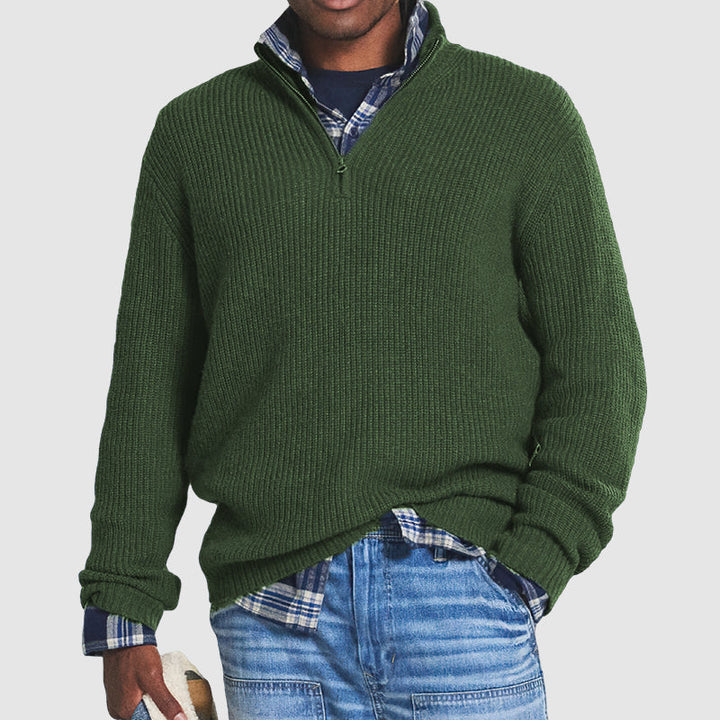 Soft men's cashmere blend half-zip pullover in charcoal gray, offering warmth & comfort for winter fashion.