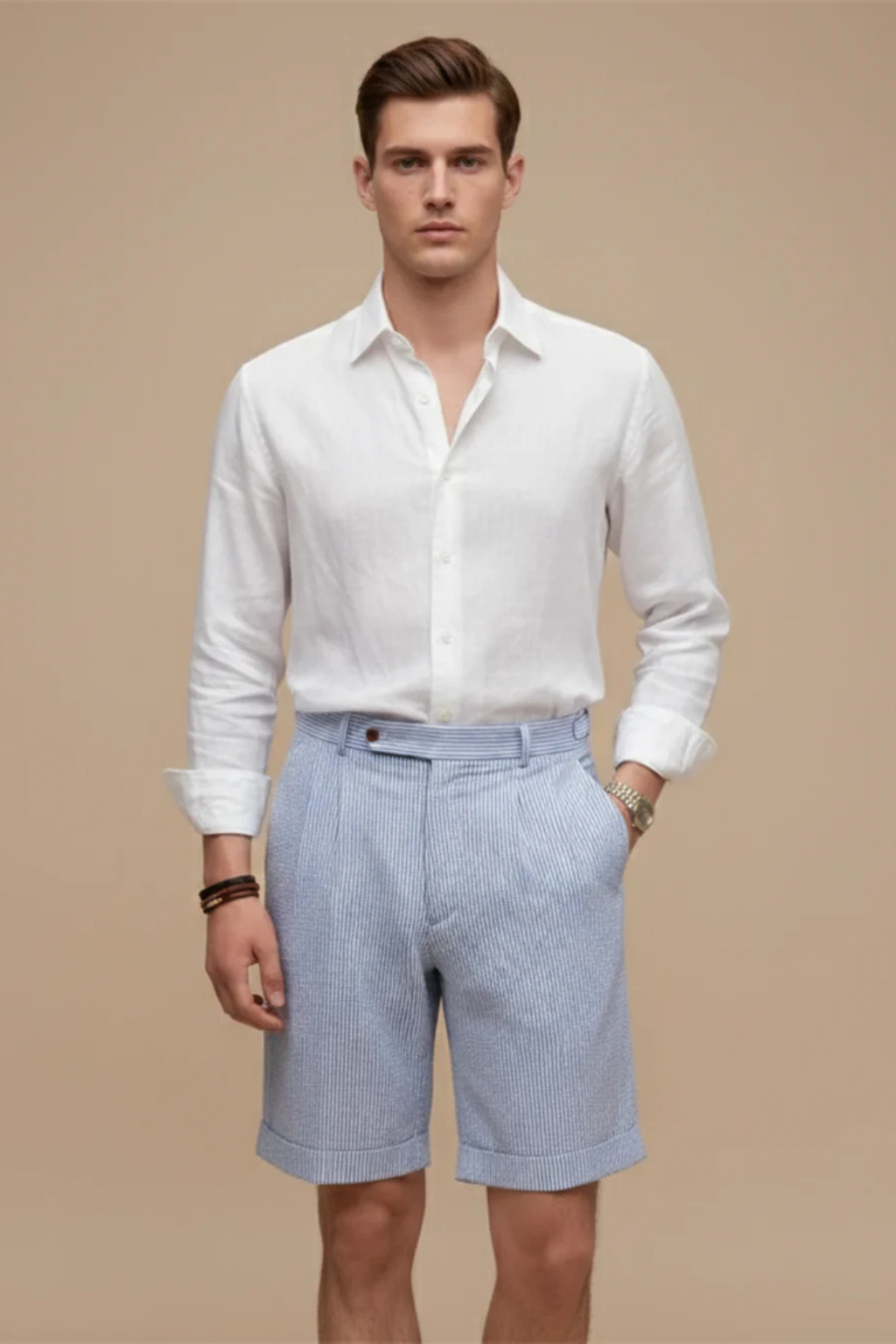 Tailored men's high-waist striped chino shorts, featuring a modern pleated cuff, ideal for smart casual looks.