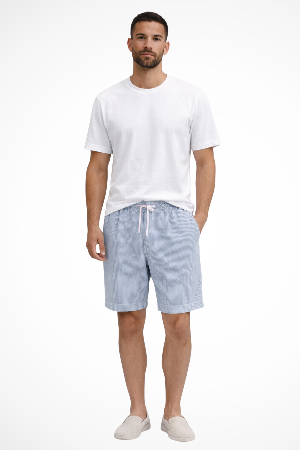 Classic striped men's pleated shorts with a high waist and stylish above-knee cut.