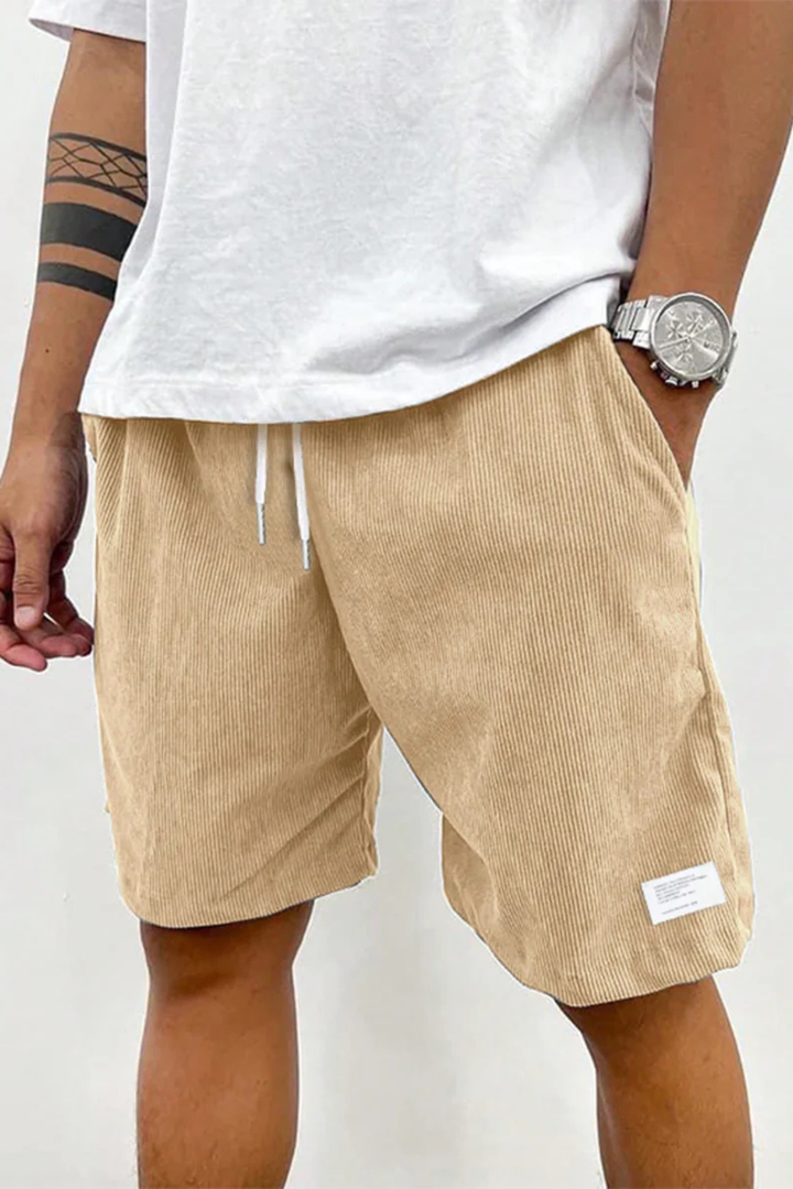 Modern men's summer shorts: high waist, striped pattern, pleated, and turn-up hem.