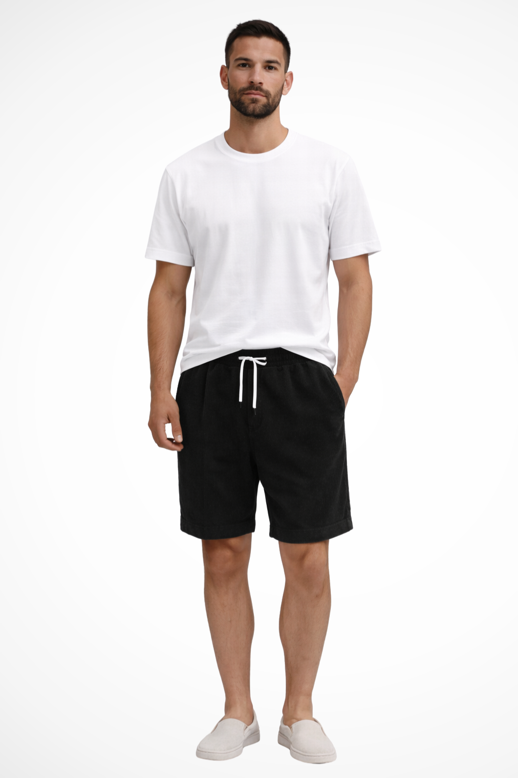 Tailored men's fashion: high waist striped pleated chino shorts with an above knee cut.
