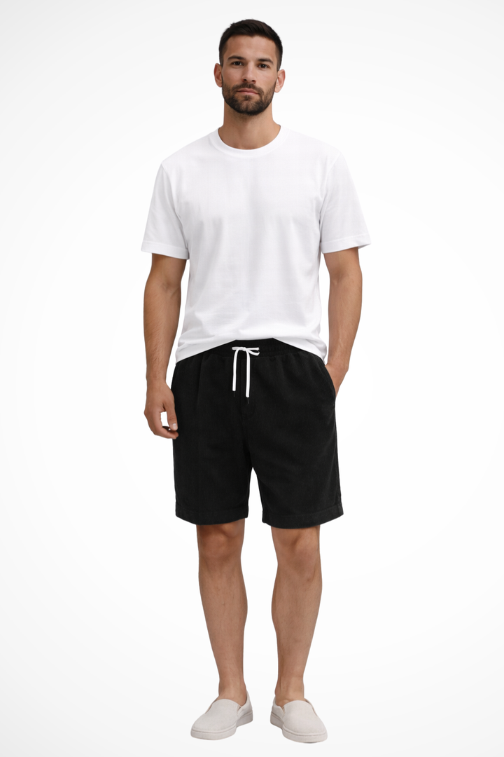 Tailored men's fashion: high waist striped pleated chino shorts with an above knee cut.
