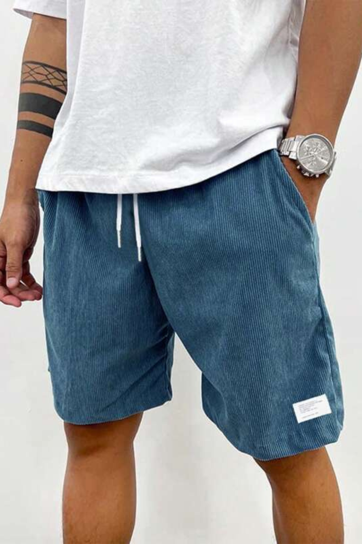 Men's casual summer shorts: pleated, striped, high waist chino style with turn-up hem.