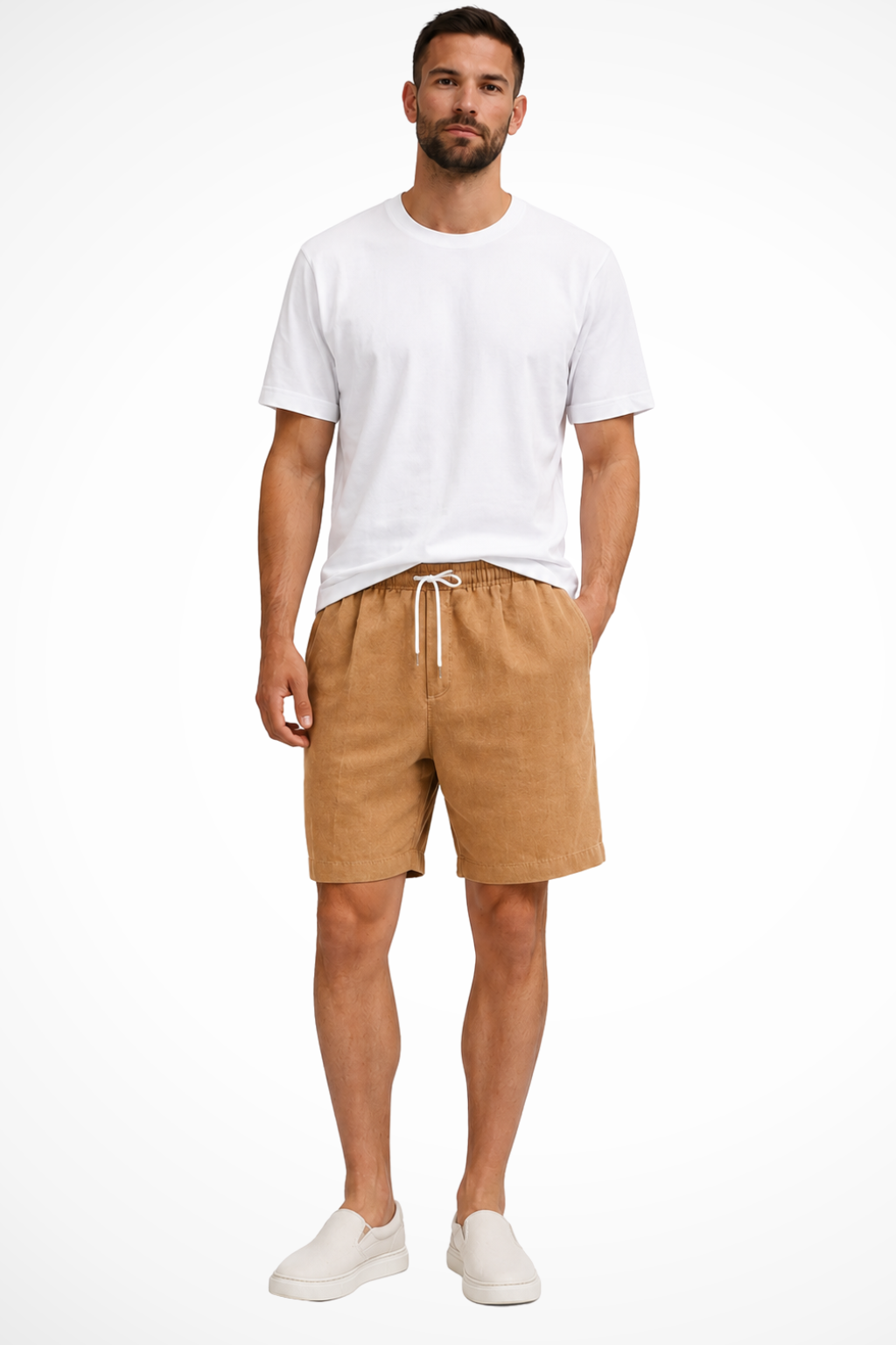 Chic men's striped pleated chino shorts, high waist design for modern summer fashion.