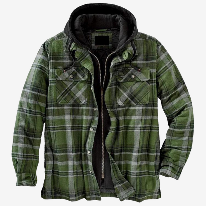 Durable men's hooded bomber jacket, showcasing its sleek design & cozy quilted interior. Essential fall fashion.