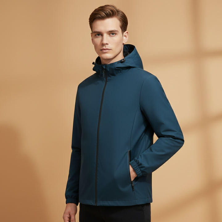 Stylish men's hooded jacket featuring a full front zip, versatile for everyday fashion.