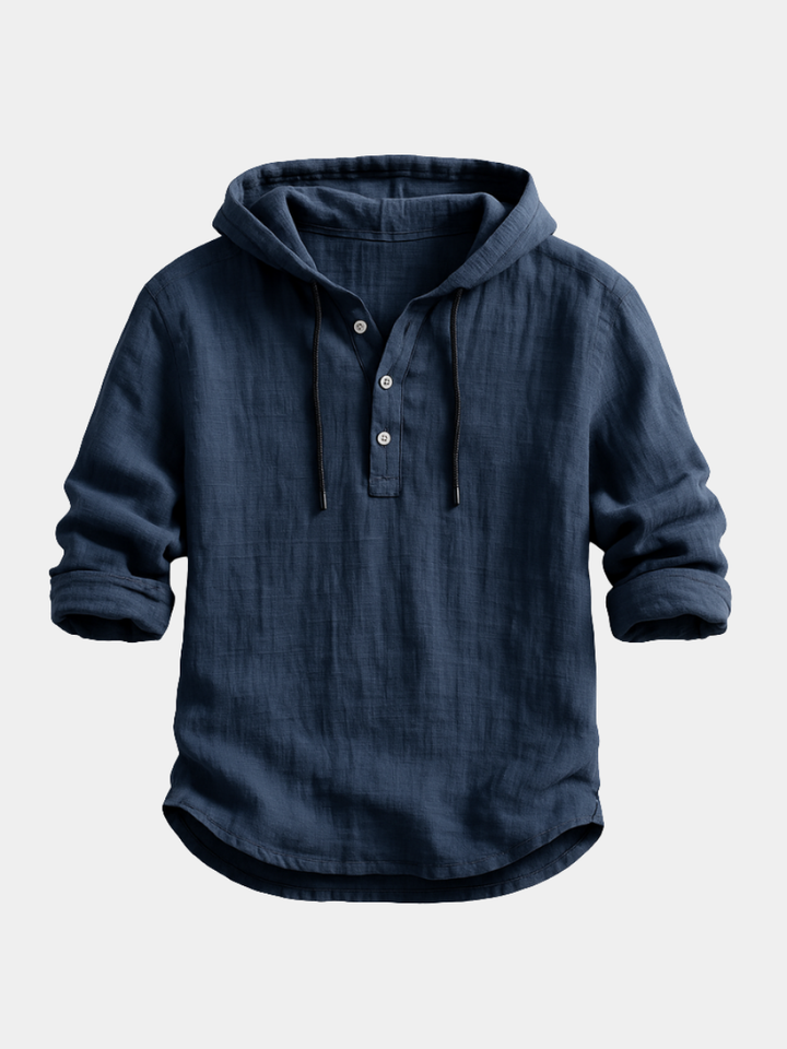 Men's hooded linen shirt in a relaxed fit, perfect for breezy comfort and casual everyday style.