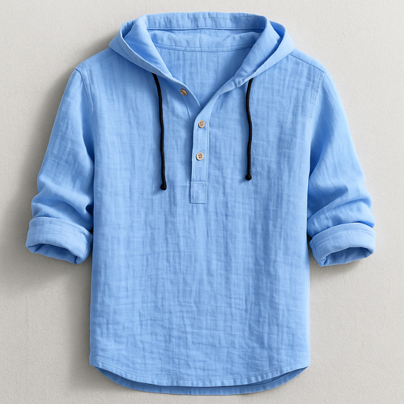 Casual men's long-sleeve hooded linen shirt, ideal for relaxed spring and summer outfits.