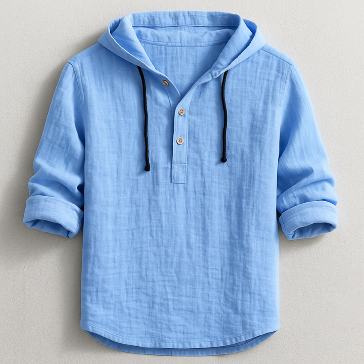 Casual men's long-sleeve hooded linen shirt, ideal for relaxed spring and summer outfits.