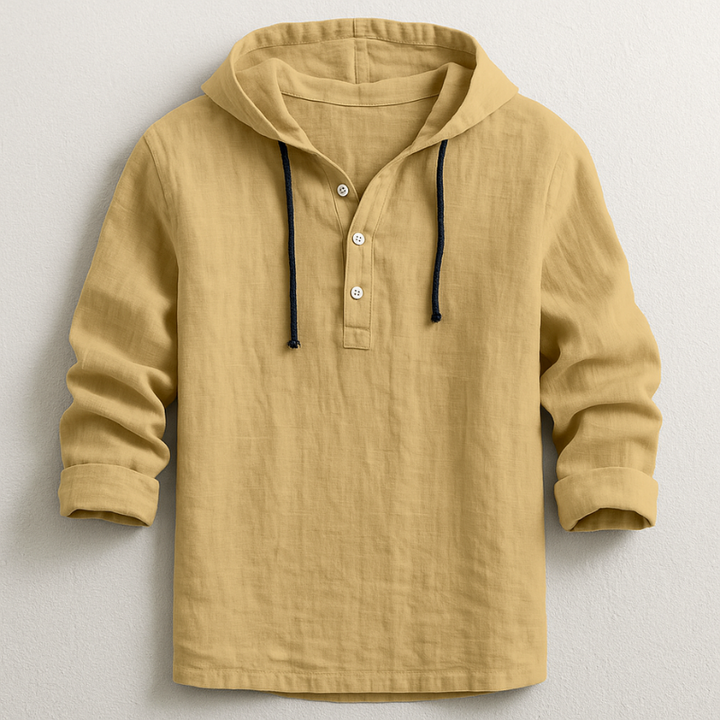 Relaxed fit men's hooded linen shirt, offering breezy comfort and stylish versatility for casual wear.