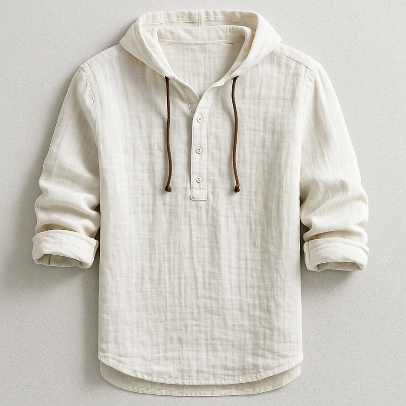 Comfortable men's hooded linen shirt for a relaxed, breezy feel. Perfect for casual spring/summer style.