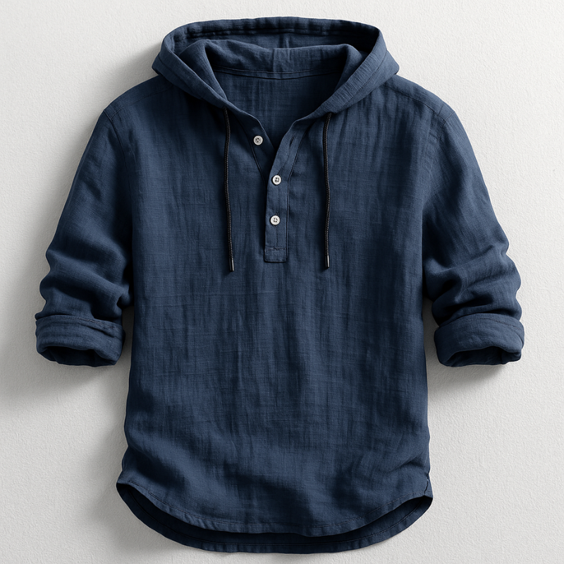 Lightweight men's hooded linen shirt. Breezy, relaxed fit for ultimate comfort in spring/summer.