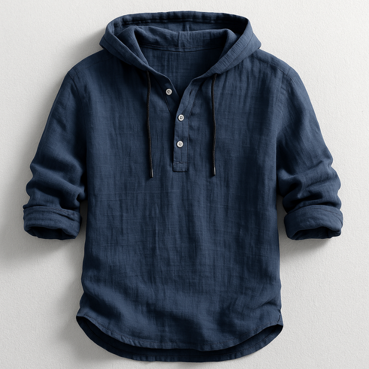 Lightweight men's hooded linen shirt. Breezy, relaxed fit for ultimate comfort in spring/summer.