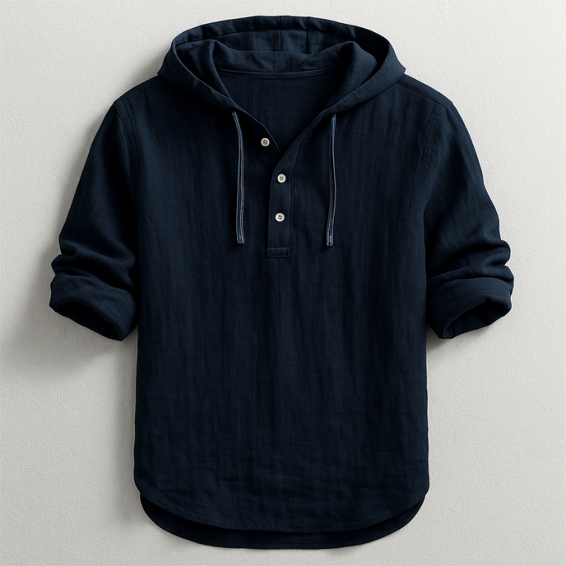 Stylish men's hooded linen shirt for casual wear. Long sleeve design ensures breezy comfort.