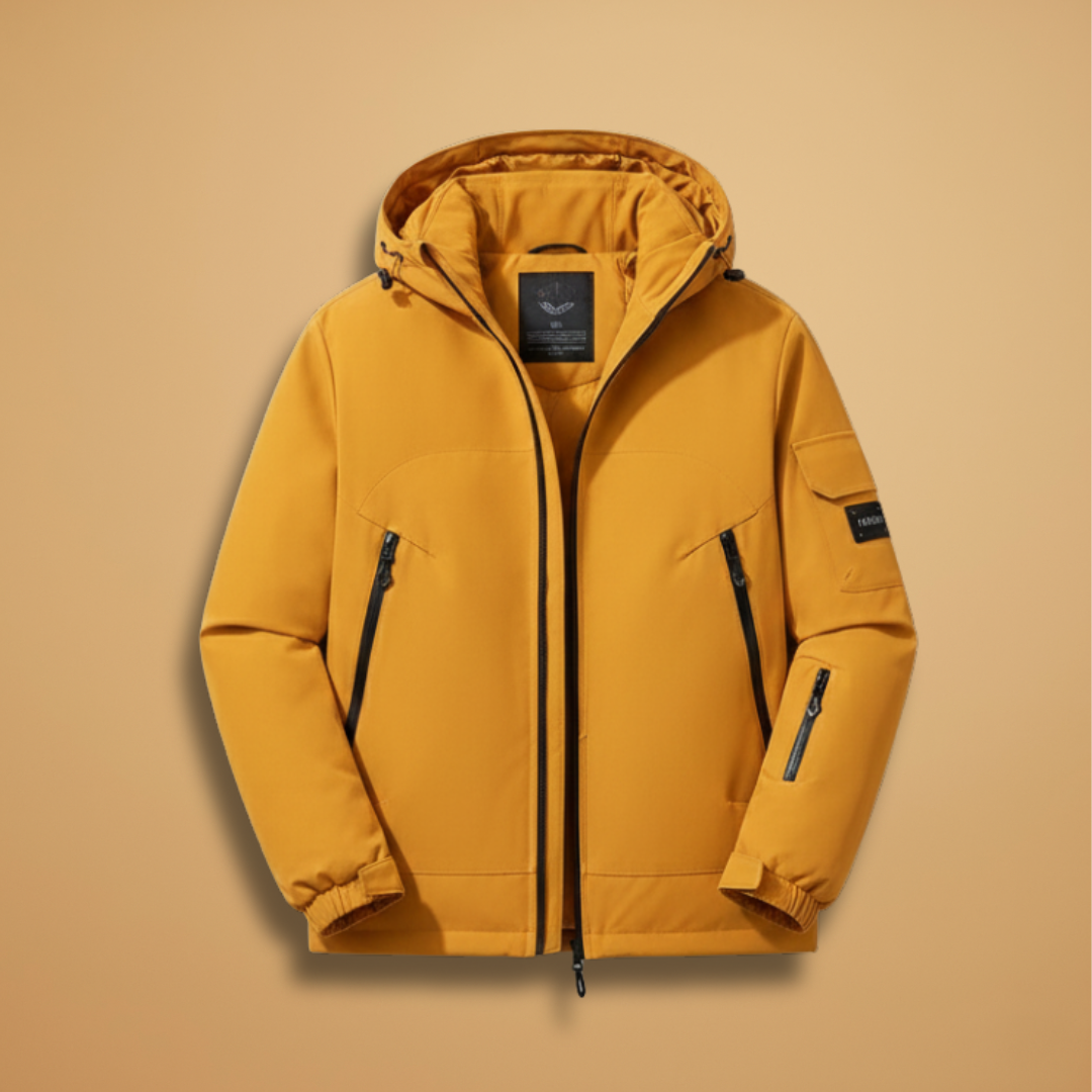 Men's insulated ski jacket with hood for ultimate warmth & protection on alpine slopes. Ideal winter sports gear.