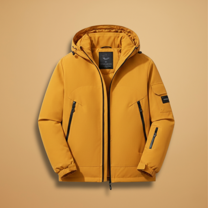 Men's insulated ski jacket with hood for ultimate warmth & protection on alpine slopes. Ideal winter sports gear.